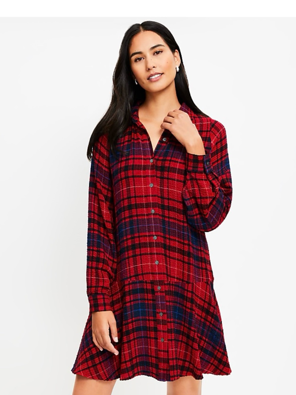 LOFT Plaid Flounce Mini Shirtdress in Parisian Red